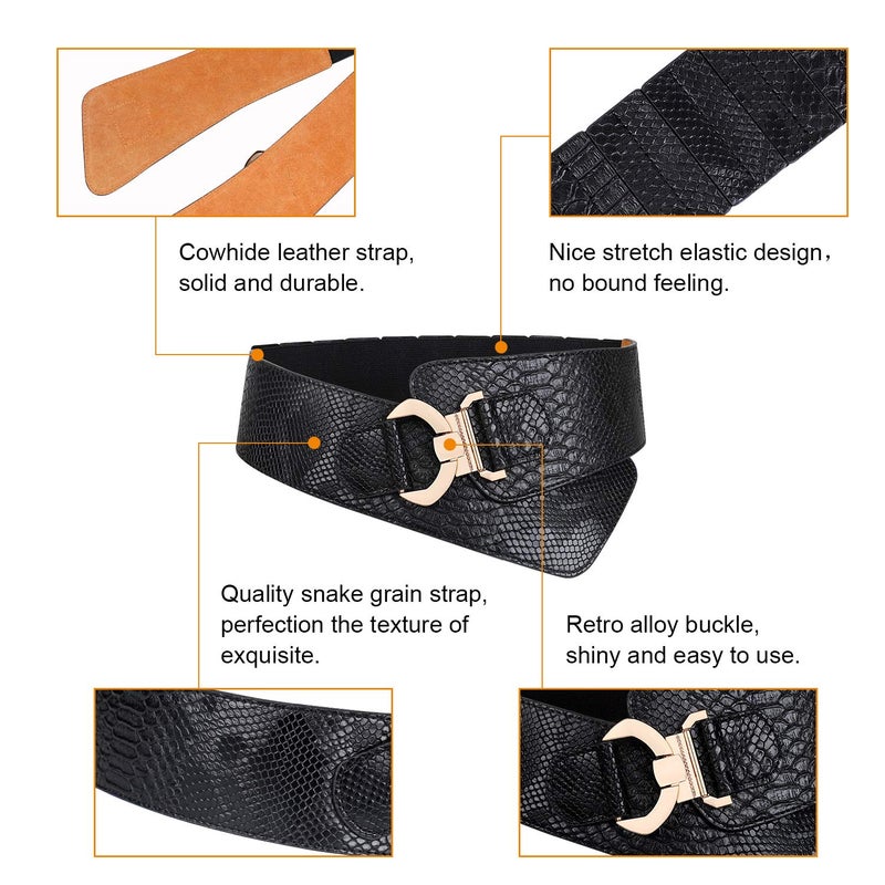 JASGOOD Women's Wide Elastic Stretch Adjustable Waist Belt Fashion Snake Pattern (Suit Waist 36-42 Inch, Black) - Image 3